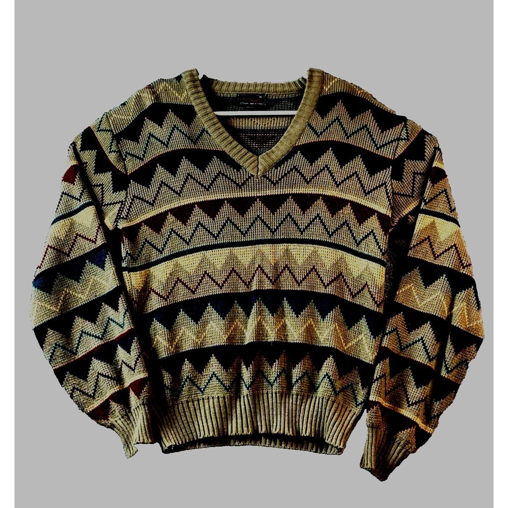 Vintage 80s JC Penny Prep‎ Shop Mens Medium Sweater Grandpa Geometric Sweater